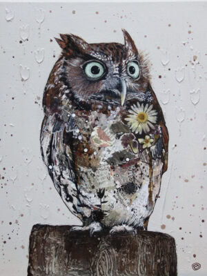 Peinture hibou avec collage de fleurs séchées