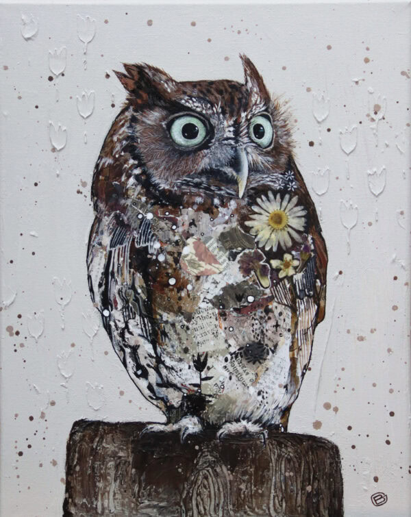 Peinture hibou avec collage de fleurs séchées