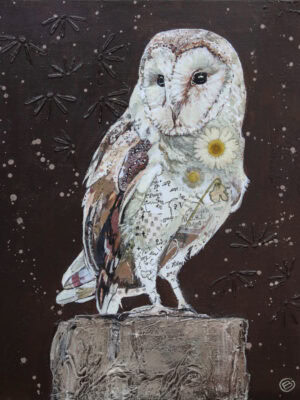 Chouette avec fleurs séchées et collage