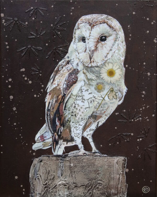 Chouette avec fleurs séchées et collage